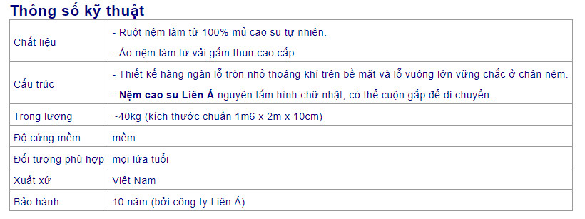 Bảng giá Nệm Cao Su Thiên Nhiên Liên Á Classic
